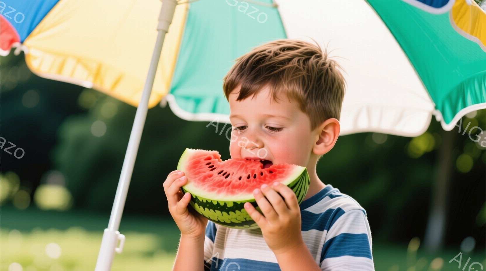 少年は縞模様の青と白のシャツを着て、大きなスイカをかじっています。彼は茶色の髪をしており、顔はスイカでほとんど隠れていますが、楽しそうな表情がうかがえます。背景にはカラフルなパラソルと緑豊かな自然があり、夏らしい陽気な雰囲気が漂っています。