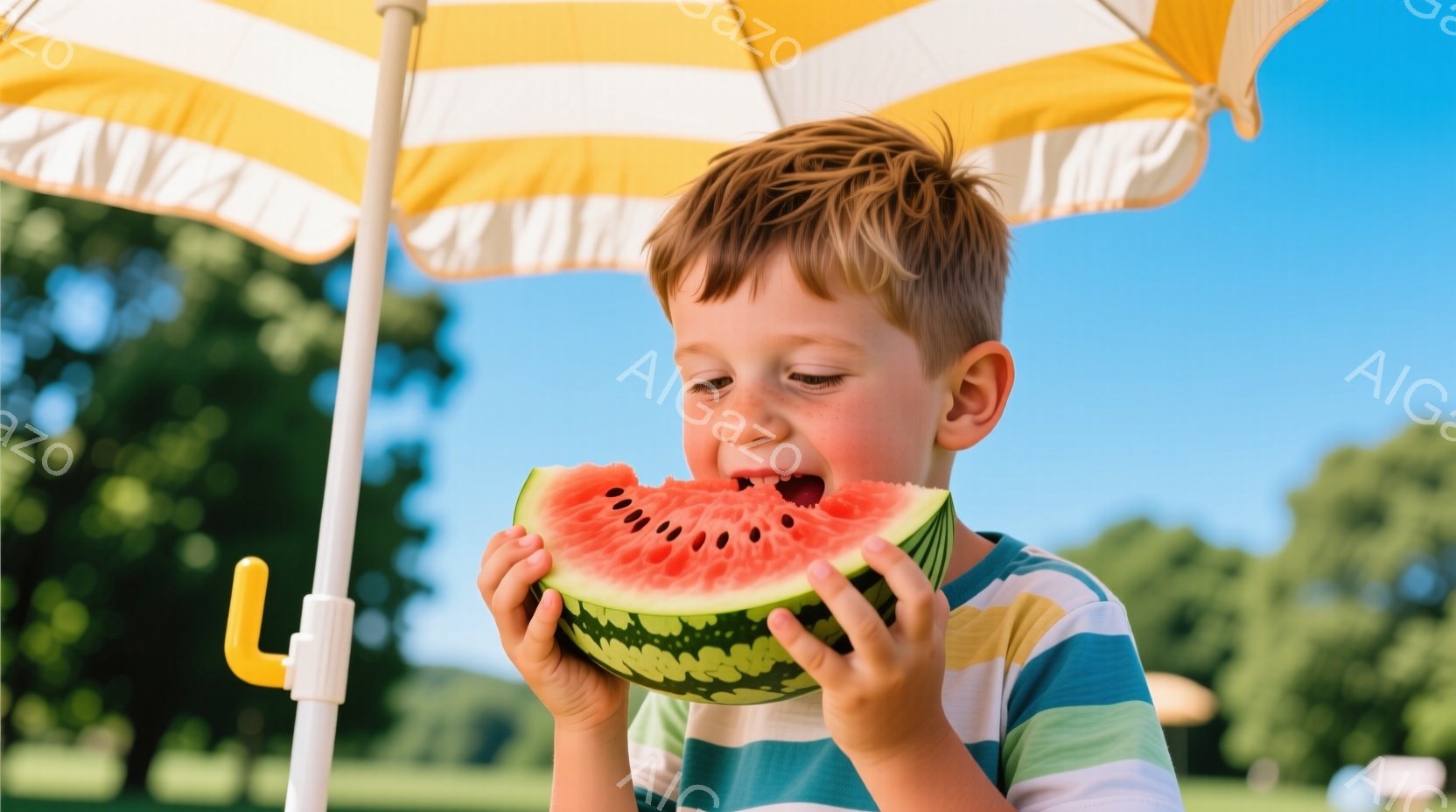 金髪の少年が大きなスイカを両手で抱え、豪快にかぶりついている様子が写っています。彼はストライプの青いシャツを着ており、顔は喜びに満ちていて、強い日差しの中で夏の楽しさを表現しています。背景には緑豊かな木々と青空が広がり、黄色と白のストライプのパラソルが日差しを遮っています。