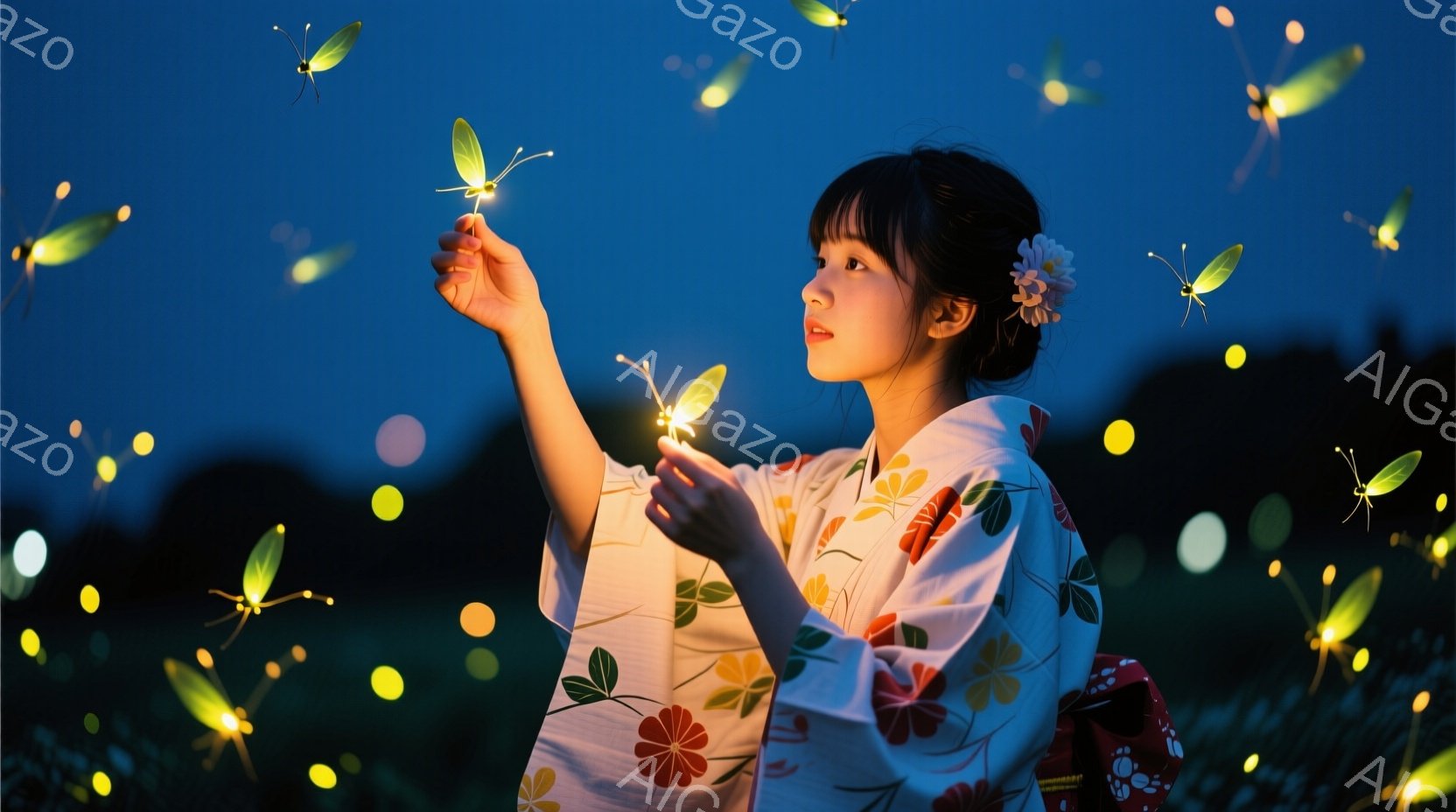 深い青色の夜空を背景に、浴衣を着た若い女性が蛍を手にしています。女性は黒髪を後ろでまとめ、白い花を髪飾りとしてつけており、少し上を見上げて穏やかな表情をしています。周りにはたくさんの蛍が舞い、幻想的な - AI生成フリー素材