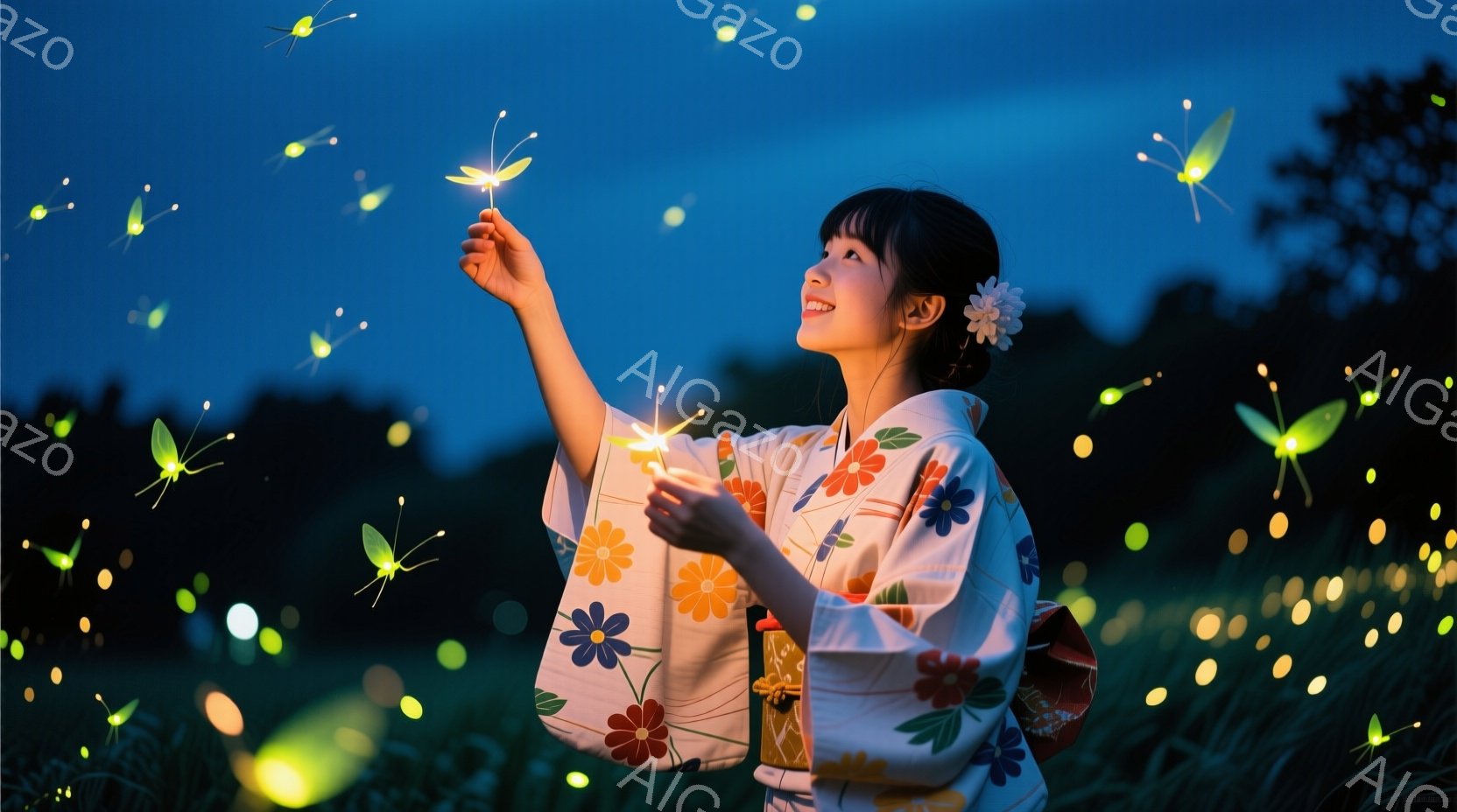 少女は花柄の浴衣を着て、夜空に舞う蛍を見上げている。彼女は微笑んでおり、片手には光る蛍を持っているように見える。背景は深い緑の草木で、夜空には無数の光る蛍が舞い、幻想的な雰囲気を醸し出している。 - AI生成フリー素材