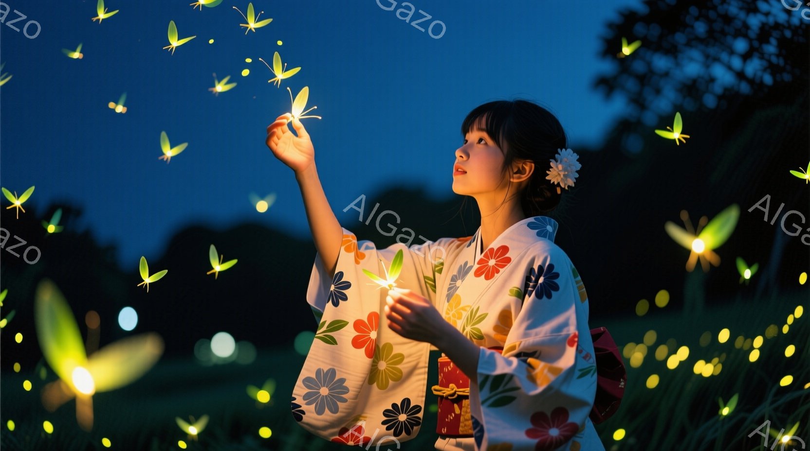 白地に赤い牡丹や緑の葉が描かれた浴衣を着た女性が、指先に蛍を乗せて見上げています。彼女は黒髪をまとめ、白い花を添えており、表情はどこか幻想的で穏やかです。背景は深い緑の草木に無数の蛍が舞う夜の風景で、全体的に幻想的で静謐な雰囲気を醸し出しています。
