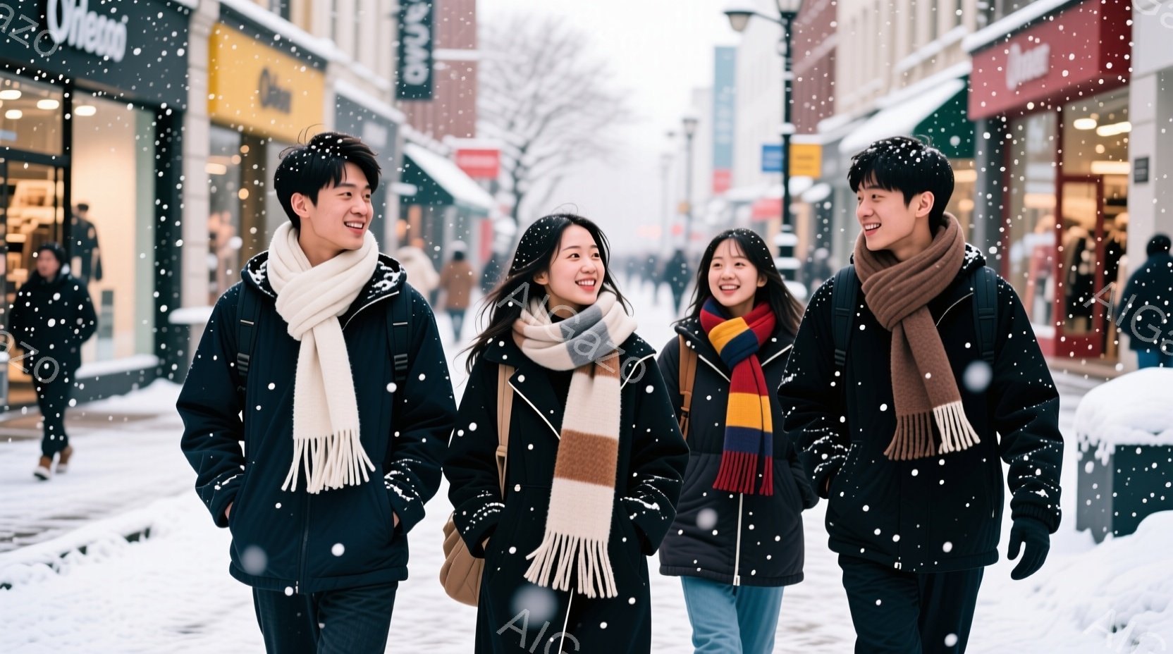 吹雪の中で、若い男女4人が並んで歩いている。彼らは皆、黒や濃い色の冬物のアウターを着用し、それぞれ異なる色のマフラーを巻いている。背景には、雪で覆われた建物と商店が並び、冬の雰囲気を感じさせる。 - AI生成フリー素材