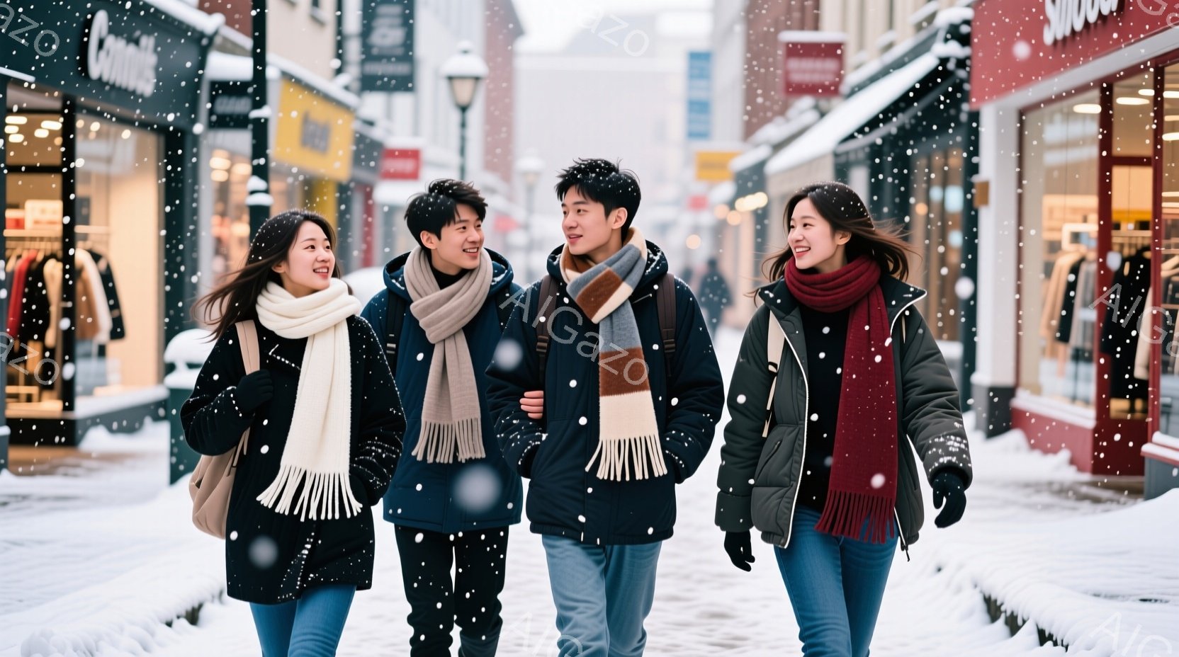 雪が降る街を歩く若い男女4人が写っている。彼らは皆、冬の服装で、厚手のコートやマフラーを着用し、カジュアルなスタイルをしている。顔には笑顔が見られ、活気に満ちた雰囲気が伝わってくる。 - AI生成フリー素材