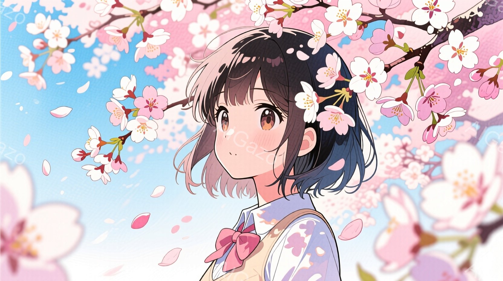 少女は短く、青みがかった黒髪で、前髪は軽くカールしています。彼女は白い襟とピンクのリボンが特徴の制服のような服を着ており、顔は少し上向きで、優しく穏やかな表情をしています。背景には桜の花びらが舞い散る - AI生成フリー素材