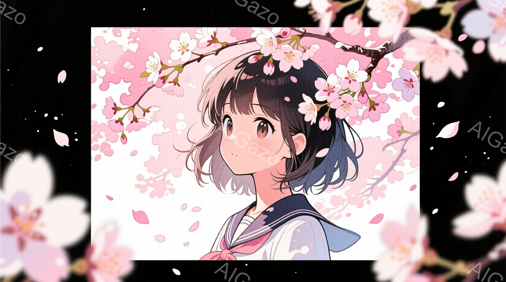 短い黒髪の少女が、セーラー服を着て、少し上目線で微笑んでいます。背景には桜の花びらが舞い散り、春の暖かく穏やかな雰囲気が漂っています。彼女の表情は優しく、希望に満ちており、見る人に安らぎを与えます。