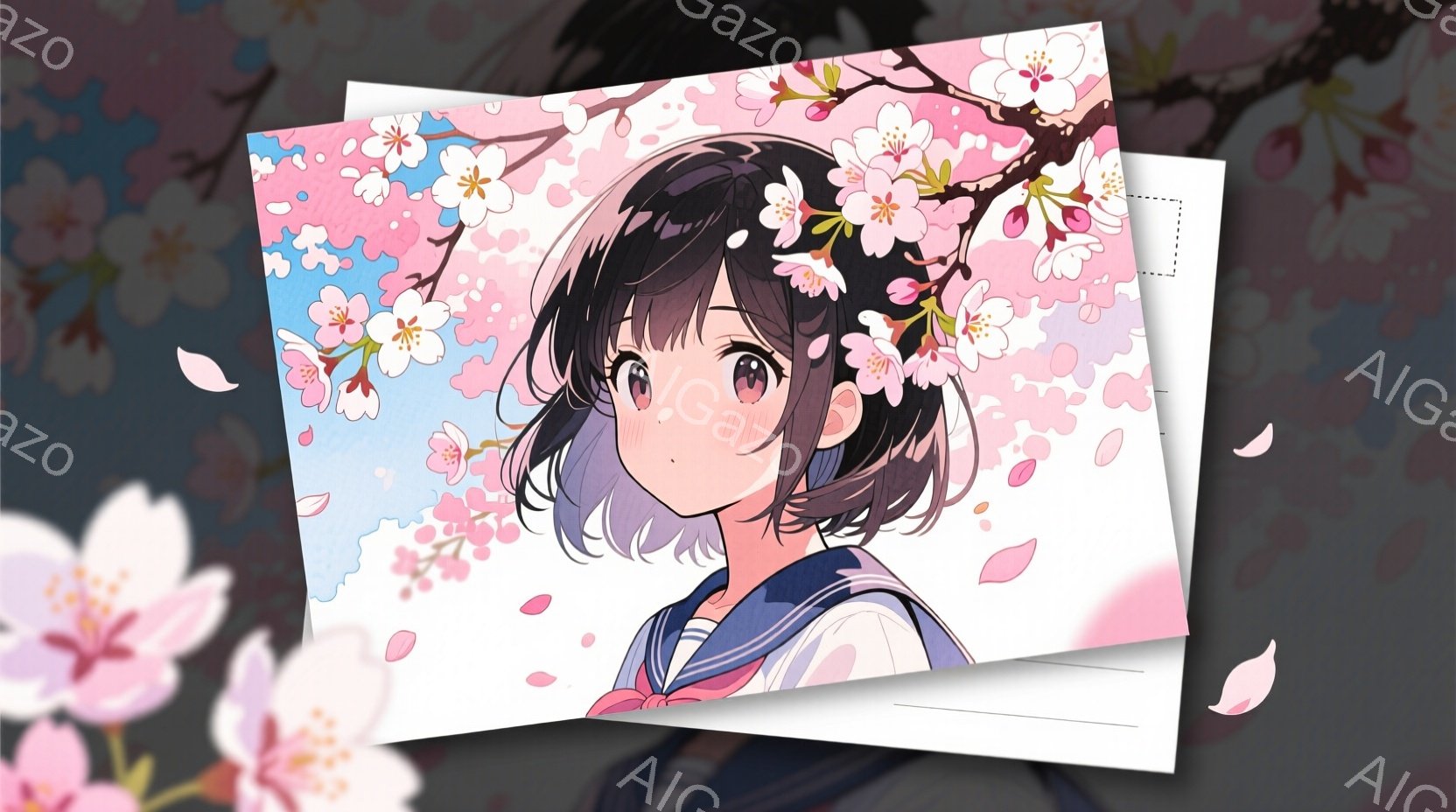 少女はセーラー服を着ており、紫がかった黒髪を短く切ったスタイルです。彼女は少し照れたような表情で、片方の頬を赤くしています。背景には桜が咲き乱れ、舞い散る花びらが春の暖かな雰囲気を醸し出しています。