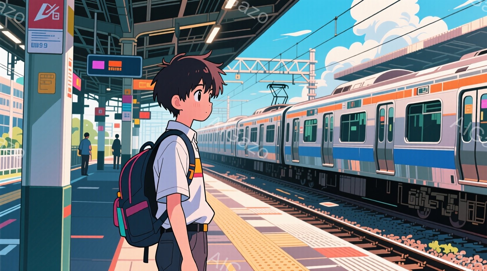 見晴らしの良い駅のホームに、リュックを背負った少年が立っている。制服姿で、黒髪の短髪、少し憂いを帯びた表情をしている。背景には、線路に沿って走る電車、青空、そして遠くに見える建物や緑が描かれており、ど - AI生成フリー素材