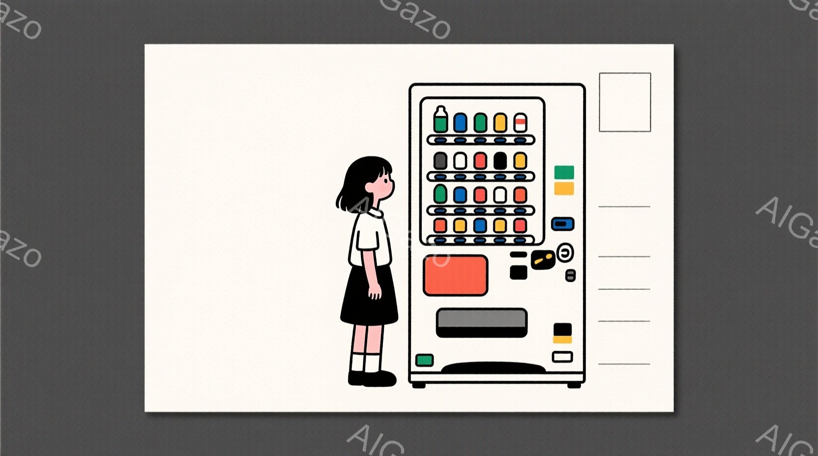 黒髪のボブカットの少女が、白い背景に立つ自動販売機の前に立っている。彼女は白いシャツと黒いスカート、白い靴下と黒い靴を履いており、少し上目遣いで自動販売機を見上げている。自動販売機は様々な色のボタンが並び、オレンジや緑、黄色などの色で彩られている。