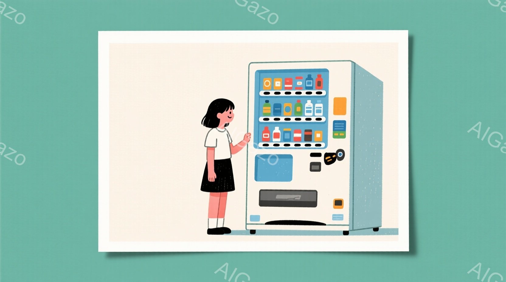 自動販売機の前に立つ少女が描かれています。彼女は黒い髪で、赤いリボンをつけており、白いシャツに黒いスカート、白い靴を履いています。自動販売機は青色で、さまざまな種類の飲み物が並んでおり、少女は自動販売機を見上げて何かを選ぶように見えます。