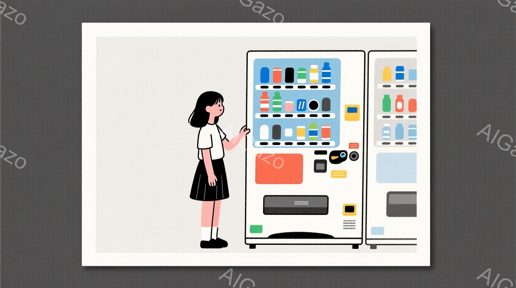 茶髪の短い髪をした少女が、自動販売機の前で立っています。彼女は白いシャツと黒いスカートを着ており、自動販売機のボタンを指で指しています。背景は単色の薄いベージュ色で、全体的にシンプルでミニマルな雰囲気です。
