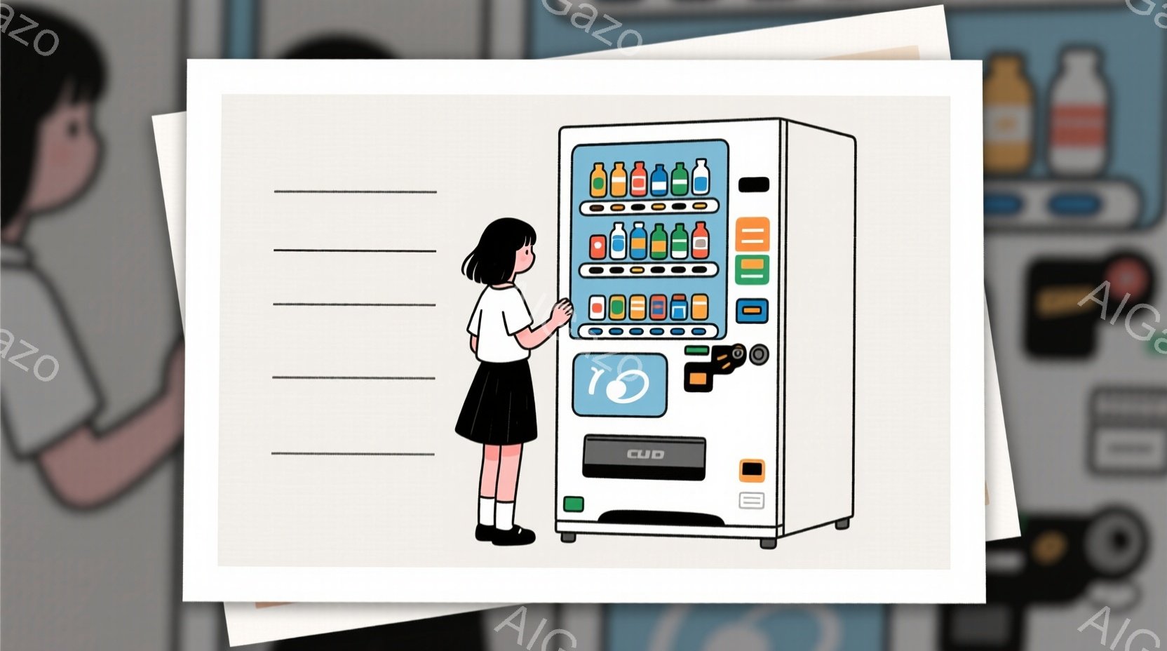 短い黒髪の少女が、白いブラウスと黒いスカート、白いソックスと靴を履いて立っています。彼女は自販機の前で何かを選ぼうとしているようで、少し上目遣いで自販機を見上げています。背景は単色で、自販機が際立っており、全体的にシンプルで落ち着いた雰囲気です。