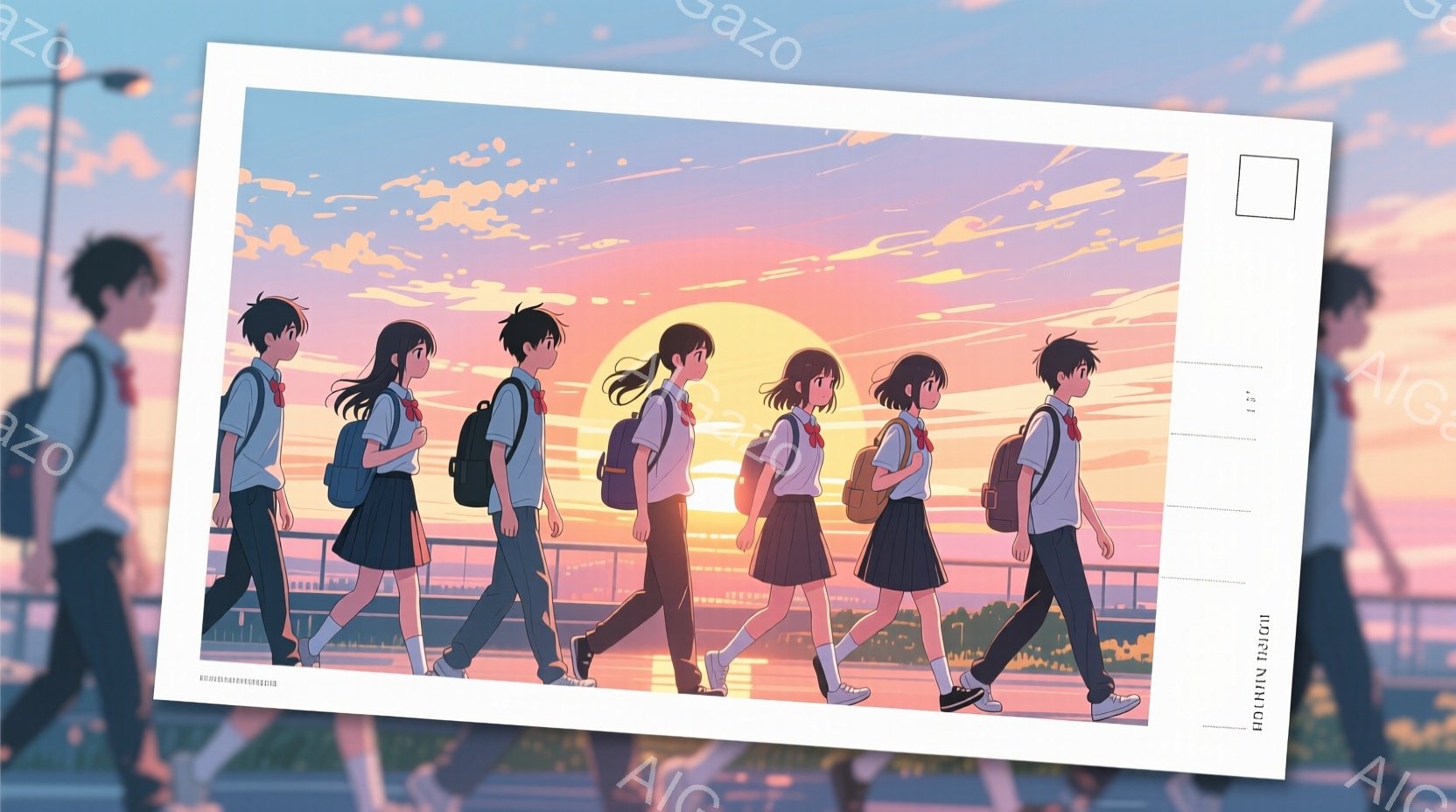 制服を着た男子生徒と女子生徒たちが、夕焼けの空の下を歩いている様子が描かれている。彼らは皆、リュックサックを背負い、学校から帰路についているようだ。空はオレンジと紫のグラデーションで、背景には建物と緑 - AI生成フリー素材