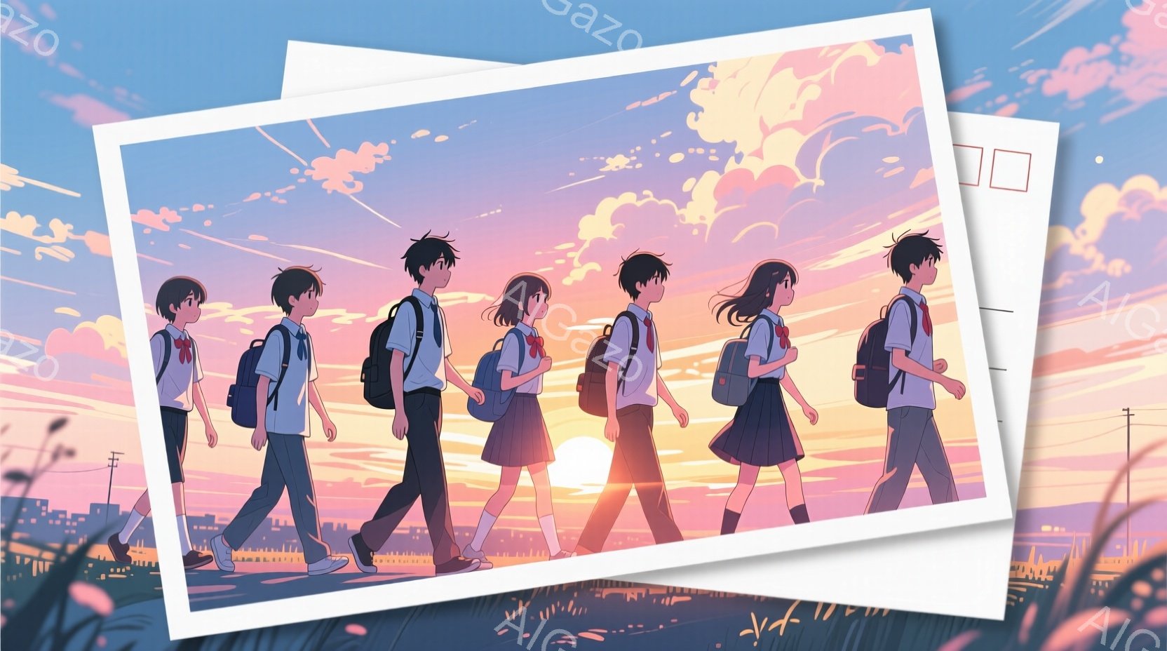 紺色の制服を着た男子生徒と、白いシャツに紺色のスカートの女子生徒たちが、夕焼けの中を並んで歩いている。彼らは皆、肩にリュックサックを背負い、少し前かがみの姿勢で、どこか夢見心地な表情をしている。背景には、夕日に照らされた街並みと、草が生い茂る道が広がり、全体的にノスタルジックで温かい雰囲気が漂っている。