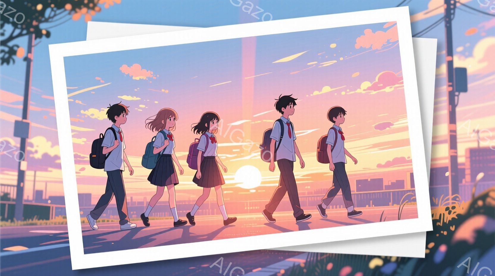 制服を着た生徒たちが横一列に歩いている様子が描かれています。彼らは皆、肩にリュックサックを背負い、夕焼けに照らされた道路を歩いています。背景には、遠くに見える建物と、空に広がる鮮やかな夕焼け空が広がり、ノスタルジックで暖かい雰囲気を醸し出しています。