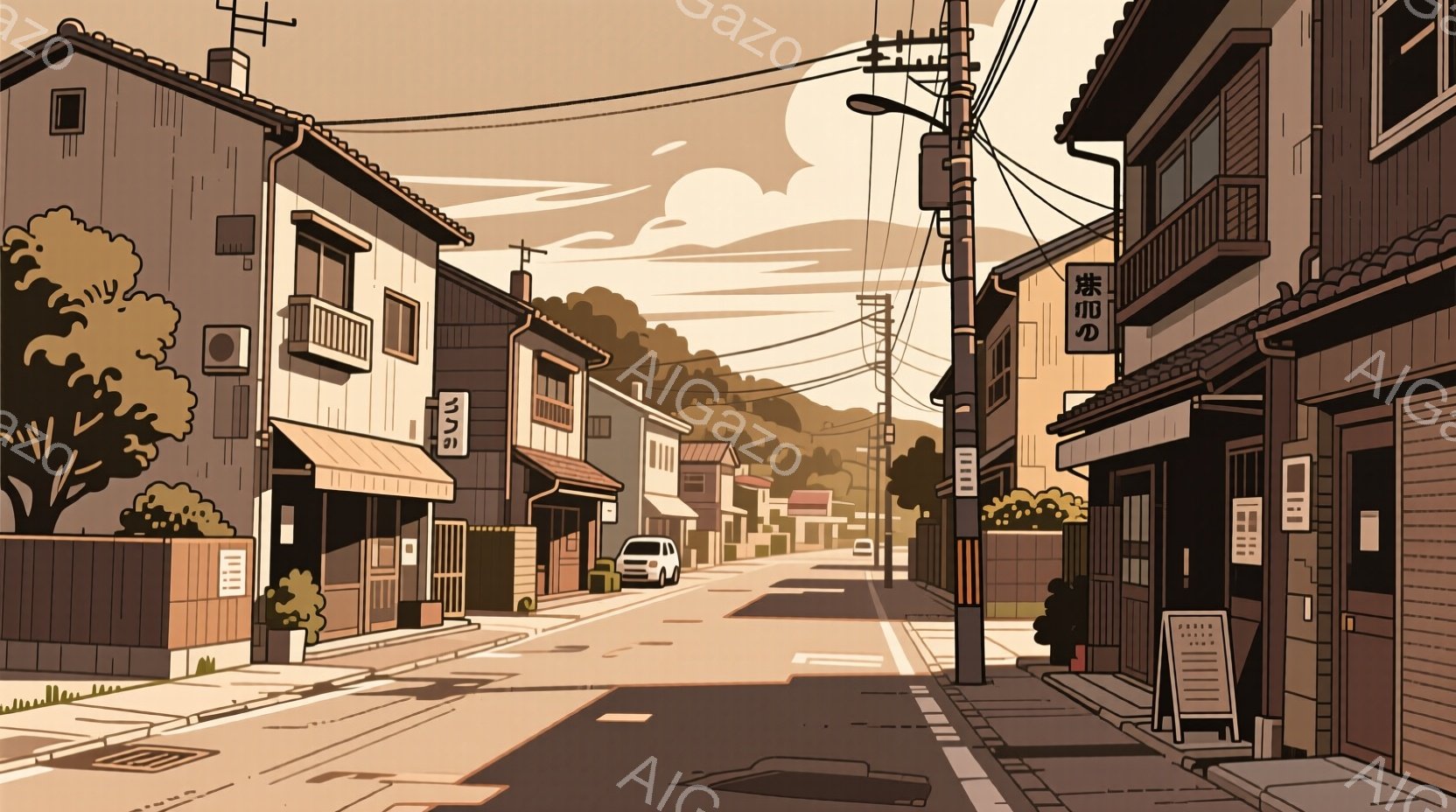 傾斜のある住宅街の通りが描かれており、両脇に木造の家々が並んでいる。空は薄いオレンジ色で、日中の穏やかな時間帯を暗示しており、道路には数台の車が駐車されている。全体的に、ノスタルジックで静けさのある、日本の地方都市の雰囲気が感じられる。