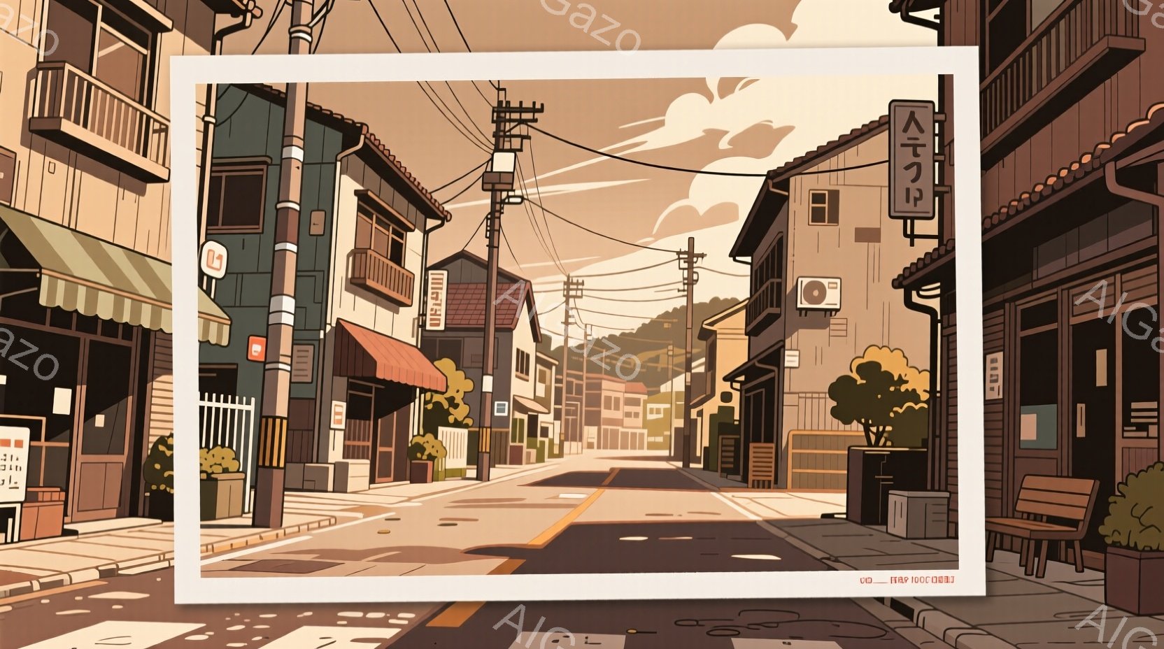 古い日本の町並みを写したイラストレーションです。狭い道には石畳が敷かれ、両側には木造の建物が密集しています。空は曇っており、遠くにはぼんやりとした山々が見え、全体的にノスタルジックで静かな雰囲気が漂っています。