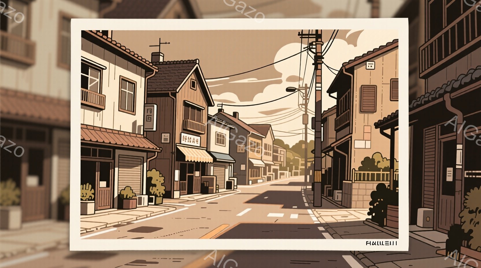 古い街並みが続く、昼間の風景です。道沿いには木造の建物が密集しており、ところどころに植木が置かれています。空は雲が多く、少しどんよりとした、懐かしい雰囲気の漂う絵画です。