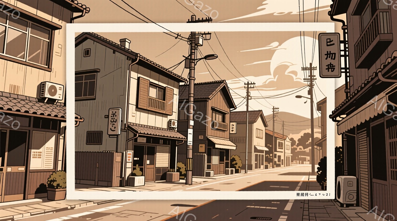 古い町並みが続く坂道を描いたイラストで、両脇には木造の家々が密集している。空は薄いオレンジ色で、雲が浮かび、天気は晴れ間がのぞく穏やかな一日を示唆している。道路には影が落ち、静かで懐かしい雰囲気が漂っ - AI生成フリー素材