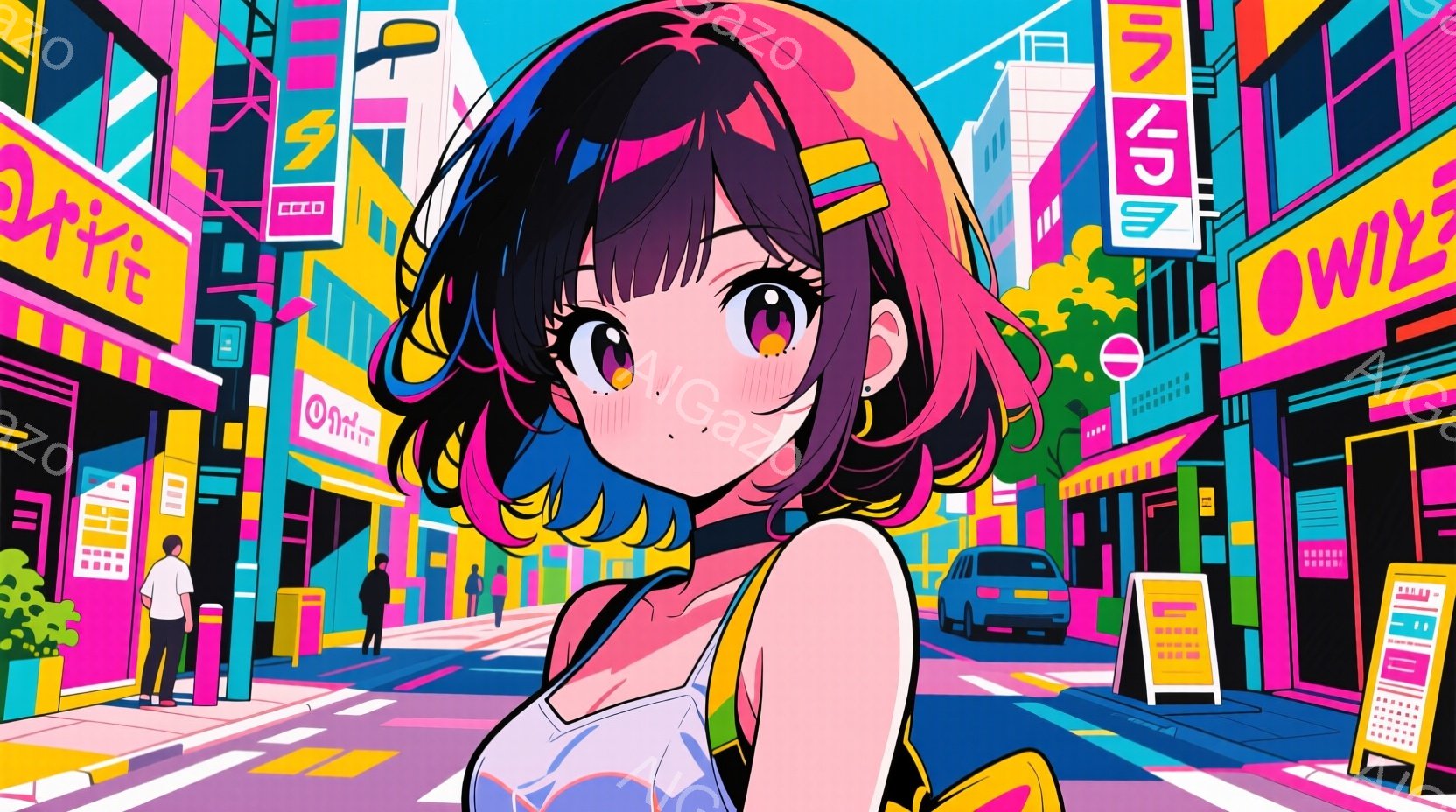 鮮やかなネオンカラーで描かれた街並みのイラストで、中央には明るい紫色の髪に黄色いリボンをつけた若い女性が立っています。彼女は白いノースリーブのトップスとショートパンツを着ており、少し驚いたような表情をしています。背景には、高層ビルや看板、そして数人の歩行者が描かれており、活気のある都市の雰囲気を伝えています。