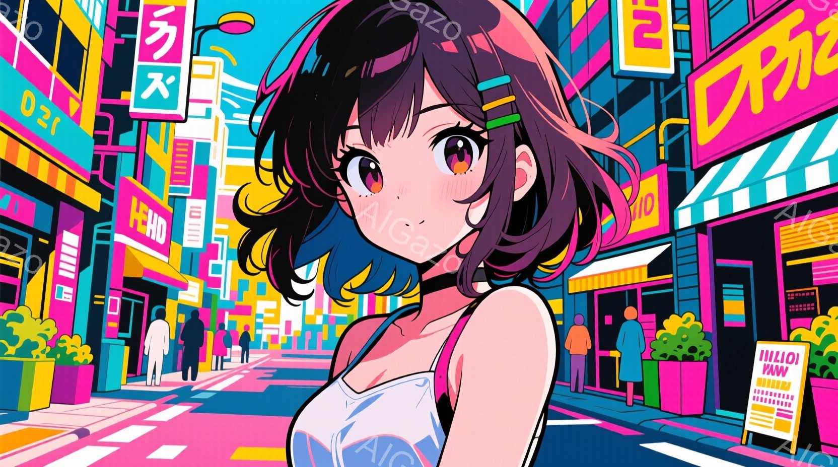 明るいピンク色の髪に、前髪ぱっつんの若い女性が描かれています。白いタンクトップとデニムのショートパンツを着ており、少し微笑んだ表情でこちらを見ています。背景はネオンサインが輝く賑やかな街並みで、緑の植 - AI生成フリー素材
