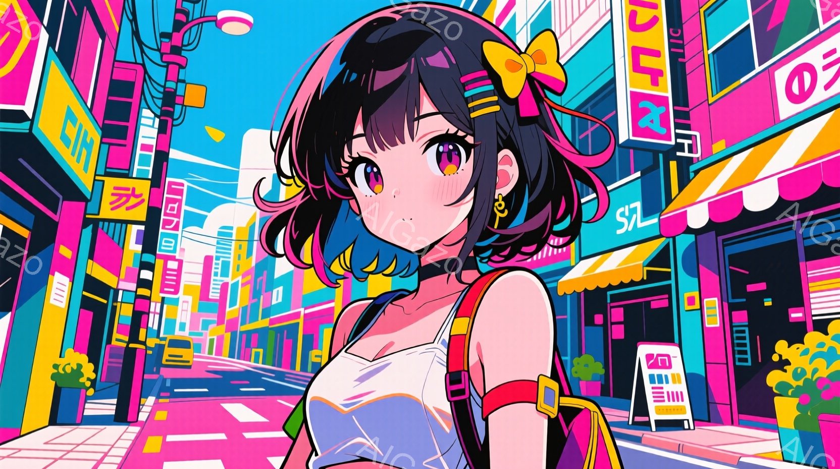 明るいピンク色の髪と大きな瞳を持つ少女が描かれています。白いトップスにリュックサックを背負い、少し上目遣いで微笑んでいます。背景はネオンサインが輝く賑やかな街並みで、鮮やかな色彩と幾何学的な建物が印象的です。