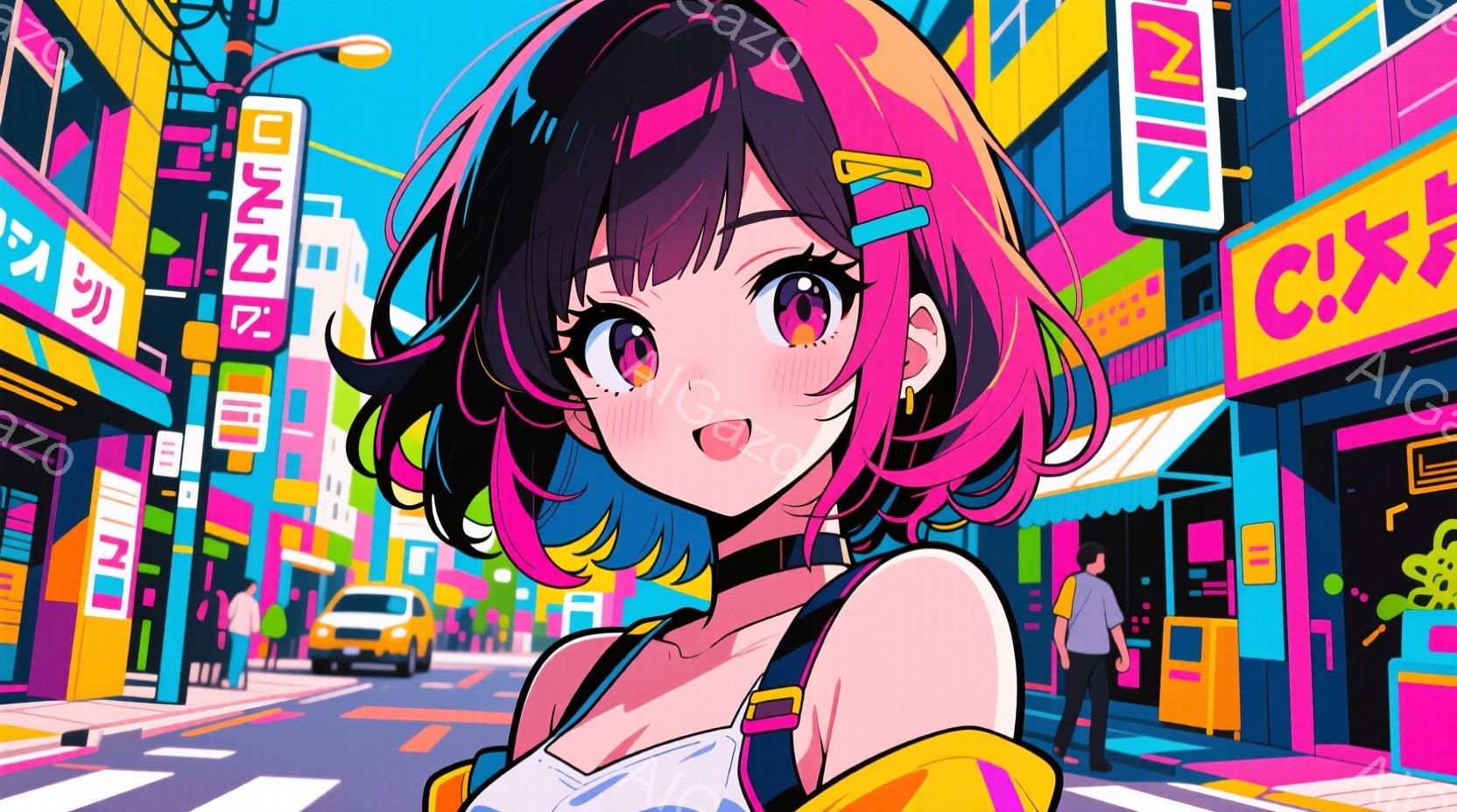 明るいピンク色の髪をした若い女性が、ネオン輝く都市の通りに立っています。彼女は白いタンクトップと黒いジャケットを着ており、顔には喜びと興奮を表す表情が浮かんでいます。背景には、カラフルな看板や建物が並び、活気のある都会の夜を思わせる、鮮やかで未来的な雰囲気が漂っています。