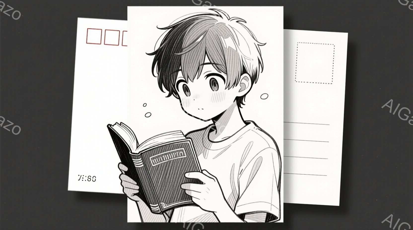 少年は、肩から覗く黒い服を着て、開いた本を手に持っています。彼の髪は少しカールしていて、目は驚いたように見開かれ、頬はほんのり赤くなっています。背景は白く、本のイラストの一部が描かれており、全体的に柔らかく、優しい雰囲気です。