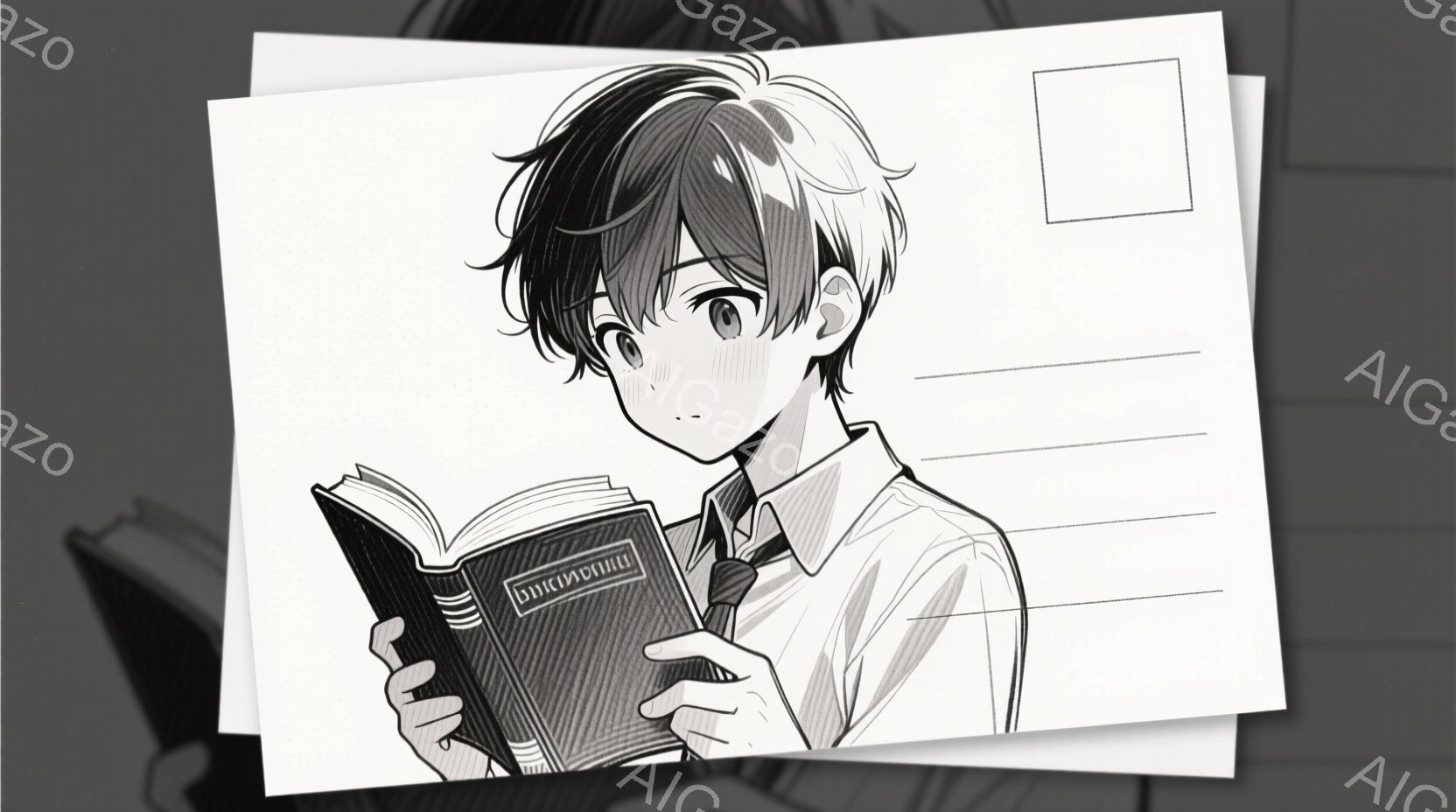 白黒のイラストで、若い男性が描かれている。彼は制服のような服装で、開いた本を手に持ち、少し憂いを帯びた表情をしている。背景には本の積み重ねがあり、全体的に物静かで内省的な雰囲気が漂っている。