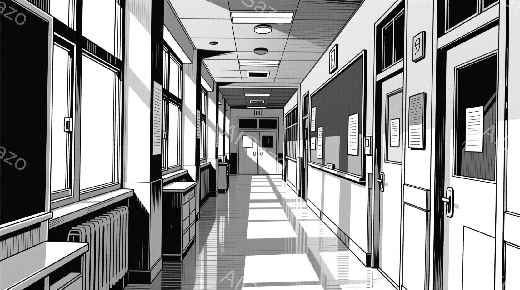 白黒の画像は、廊下の内部を描写しており、左側には窓とラジエーターが見える。廊下の床には光と影が縞模様に伸び、遠くには複数のドアと、廊下の奥に別の区画が見える。全体的に、静かで落ち着いた、少し寂しげな雰囲気が漂っている。