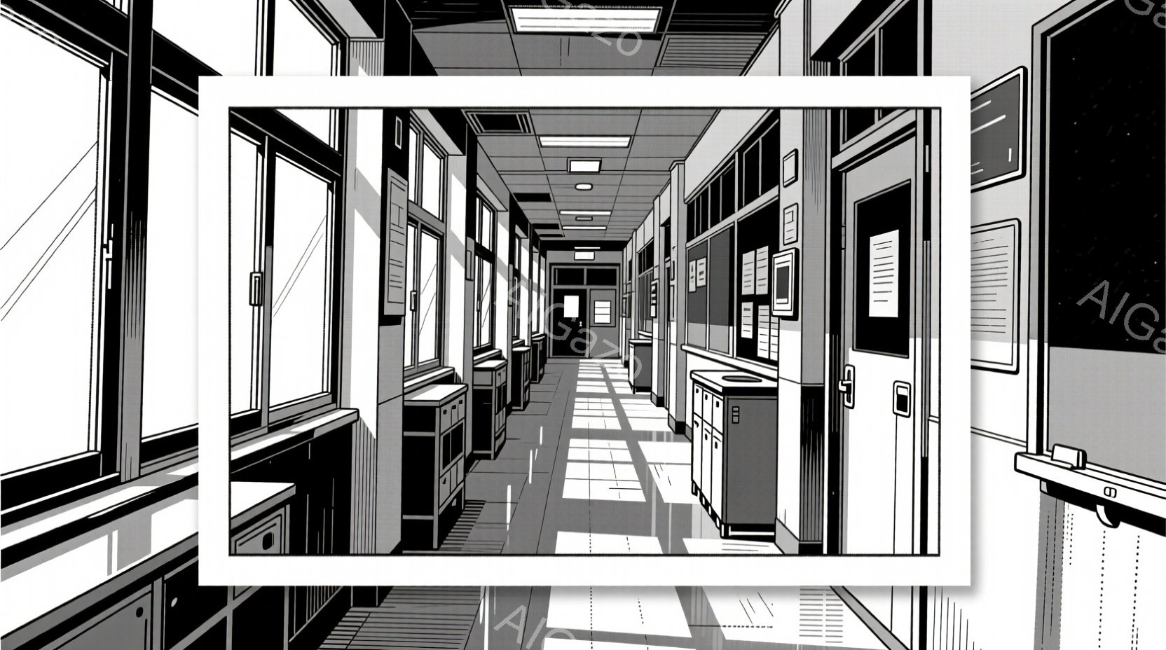 白黒の画像は、学校の廊下の様子を描いています。左右に整然と並んだロッカーと、廊下の奥へと続く長い通路が特徴的で、窓から差し込む光が床に縞模様の影を作っています。全体的に静かで、どこか寂しげな雰囲気が漂っています。