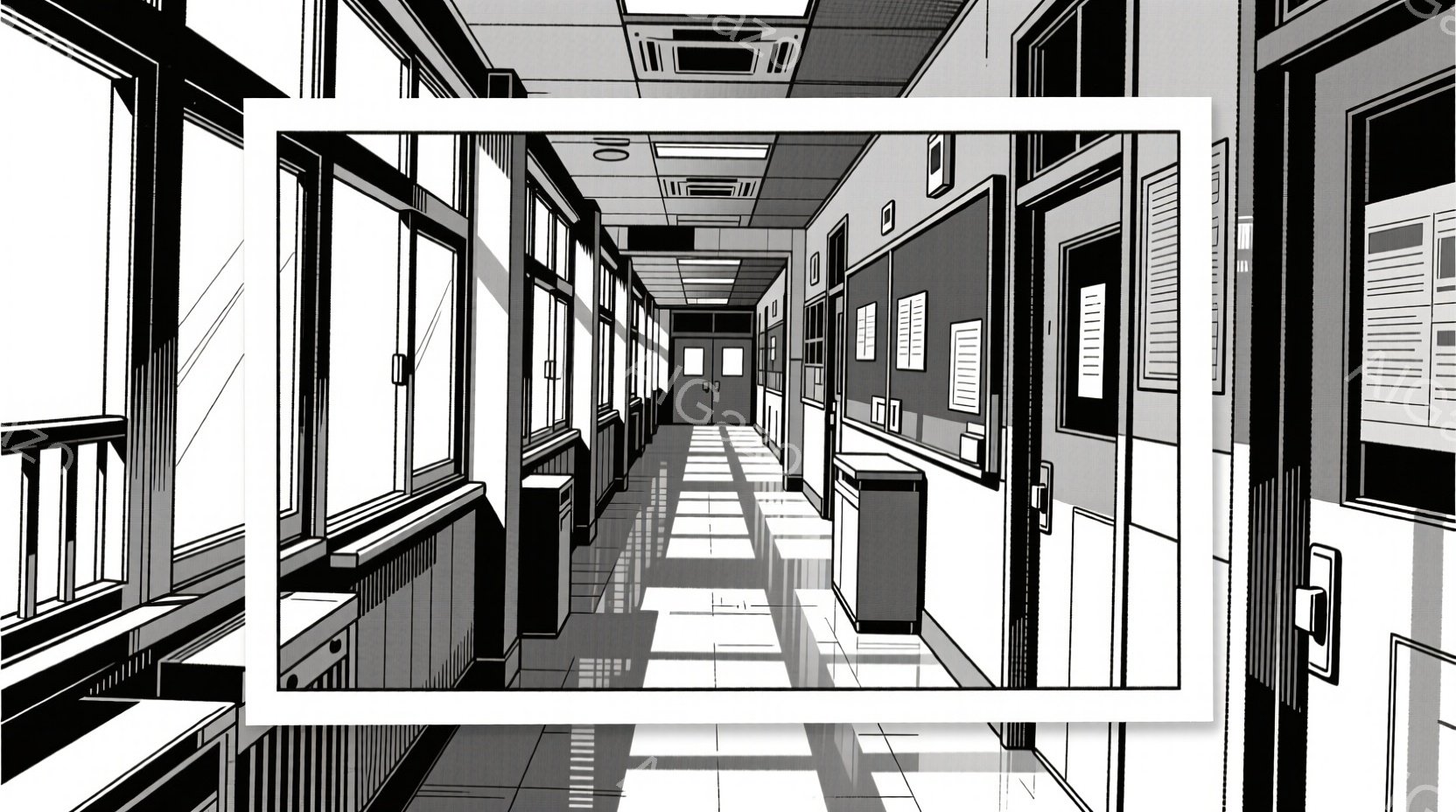 白黒の漫画風の画像は、長い廊下の様子を描いています。左右に等間隔に並んだ窓から光が差し込み、廊下の床に強い影と光のコントラストを生み出しています。廊下の奥には閉じたドアが複数見え、静寂で少し寂しげな雰囲気が漂っています。