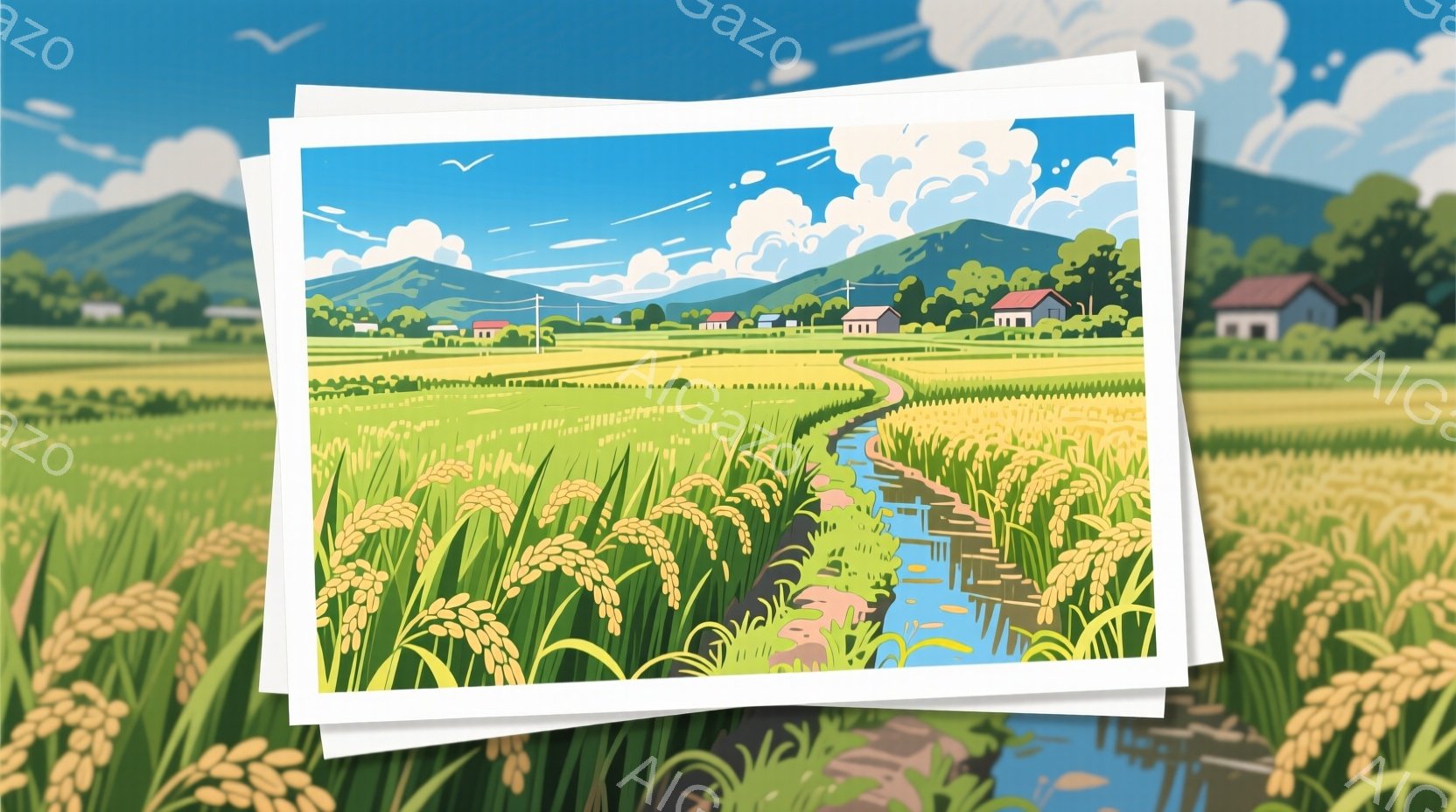黄金色の稲穂が広がる田園風景が描かれています。小川が田んぼを流れ、遠景には可愛らしい家々と緑の山々が広がっています。青い空には白い雲が浮かび、穏やかで平和な雰囲気を醸し出しています。 - AI生成フリー素材