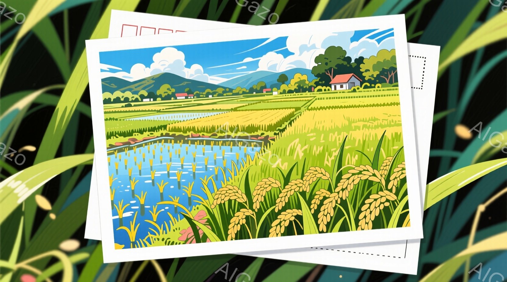 広大な水田が広がり、稲穂が黄金色に輝いている風景です。背景には、緑豊かな山々と、可愛らしい家屋が点在し、晴天の下、穏やかな時間が流れています。水面に映る空と稲穂のコントラストが、日本の原風景を彷彿とさ - AI生成フリー素材