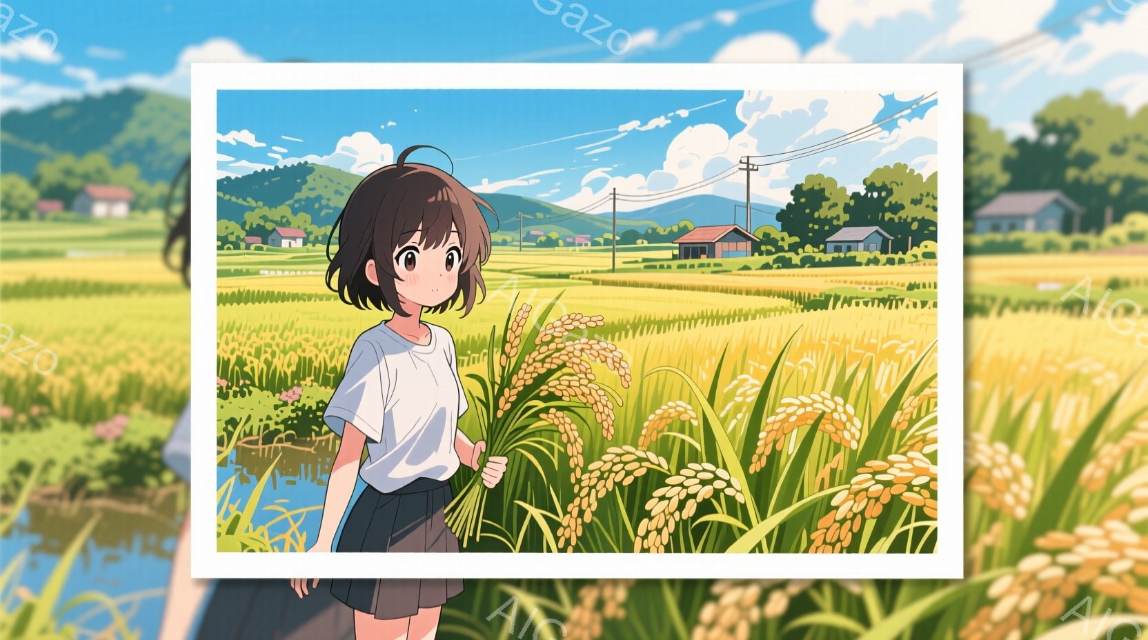 茶髪のショートカットの少女が、黄金色に輝く稲穂を手に持っている。白いTシャツと黒いスカートというカジュアルな服装で、少し微笑んだ表情をしている。背景には、緑の丘と日本の伝統的な家屋が広がり、晴れた空と明るい日差しが、穏やかでノスタルジックな雰囲気を醸し出している。