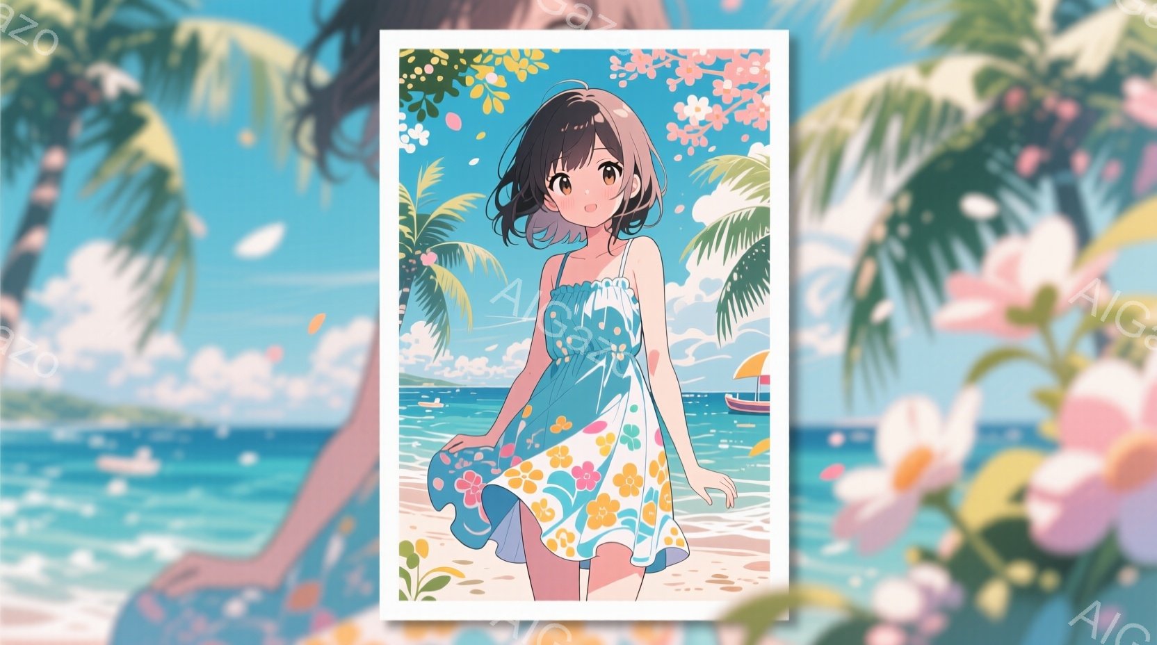 花柄のミニドレスを着た若い女性が砂浜に立っている様子を描いています。彼女は茶色の髪で、優しい笑顔を見せており、風が吹いてドレスが少し舞い上がっています。背景には青い海と白い砂浜、そしてヤシの木々が見え - AI生成フリー素材