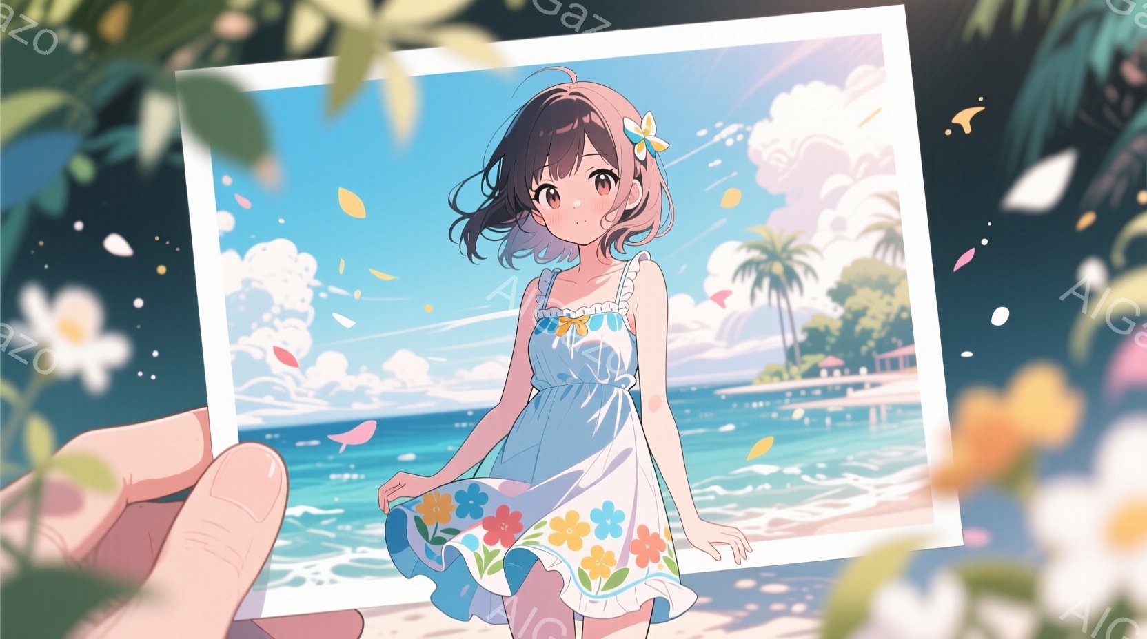 海岸を背景にした若い女性が描かれています。彼女は肩出しの白い花柄のワンピースを着ており、茶色のウェーブのかかった髪をしています。彼女はわずかに微笑んでおり、ワンピースの裾を軽く掴んで立っており、背景に - AI生成フリー素材