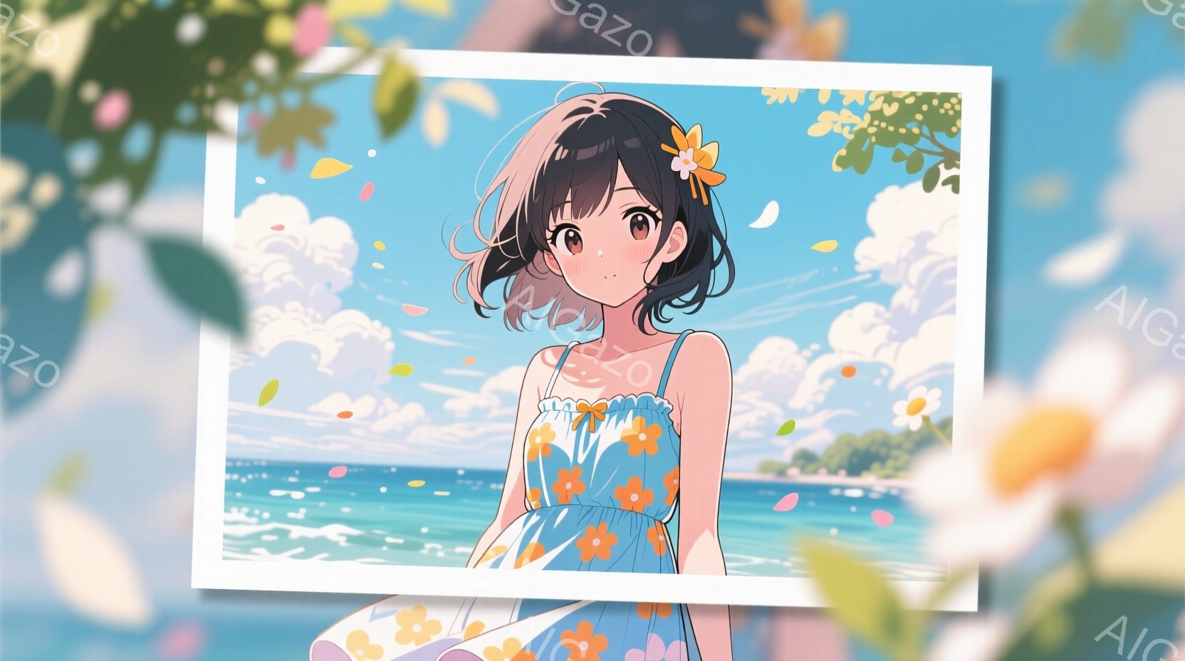 青いワンピースを着た若い女性が描かれています。彼女は肩出しのフリルワンピースを着ており、髪は肩のあたりでカールし、髪飾りをつけています。背景は青い空と海で、波が打ち寄せ、暖かい夏の日のような穏やかな雰 - AI生成フリー素材