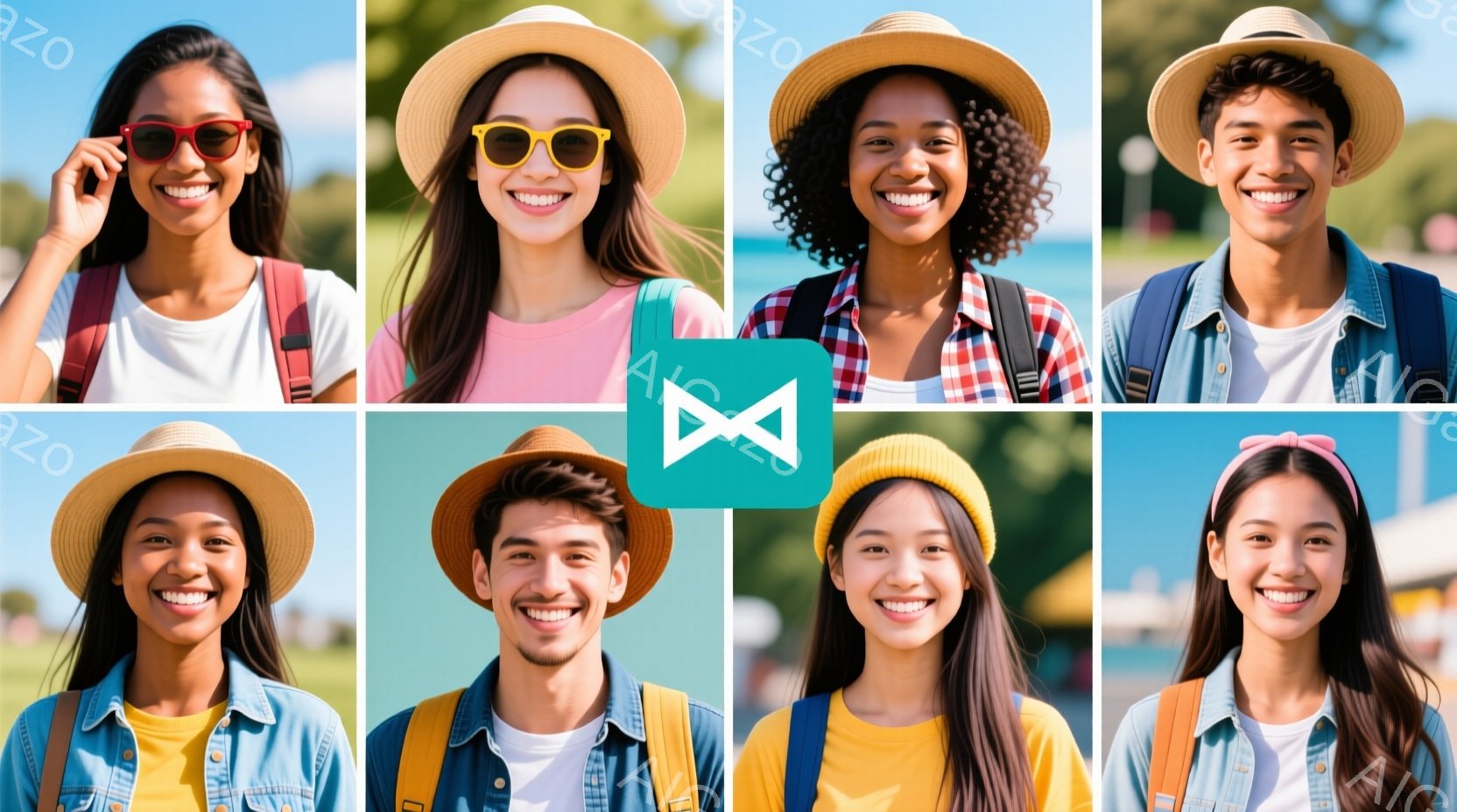 様々な人々のポートレートが並んだものです。それぞれ異なる服装と髪型をしており、皆笑顔でカメラに向かっています。背景には緑豊かな自然が広がり、晴天で開放的な雰囲気が漂っています。