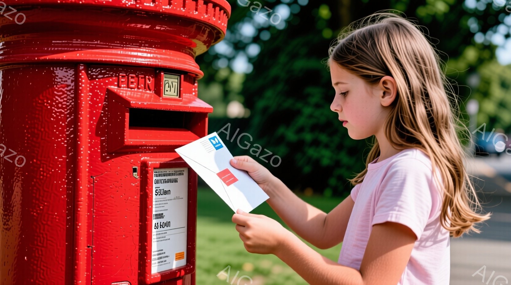少女は赤い郵便ポストの前に立ち、手には手紙を持っている。彼女はピンク色の半袖シャツを着ており、髪はポニーテールに結ばれている。背景には緑の芝生とぼやけた建物が見え、晴れた日の穏やかな雰囲気が漂っている - AI生成フリー素材