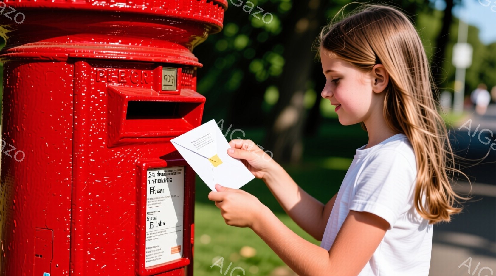 赤いポストの前に少女が立っており、手には数通の手紙を持っている。彼女は明るい色のTシャツを着ており、金髪をポニーテールにしている。背景には緑豊かな木々と青空が広がり、晴れた日の穏やかな雰囲気が漂ってい - AI生成フリー素材