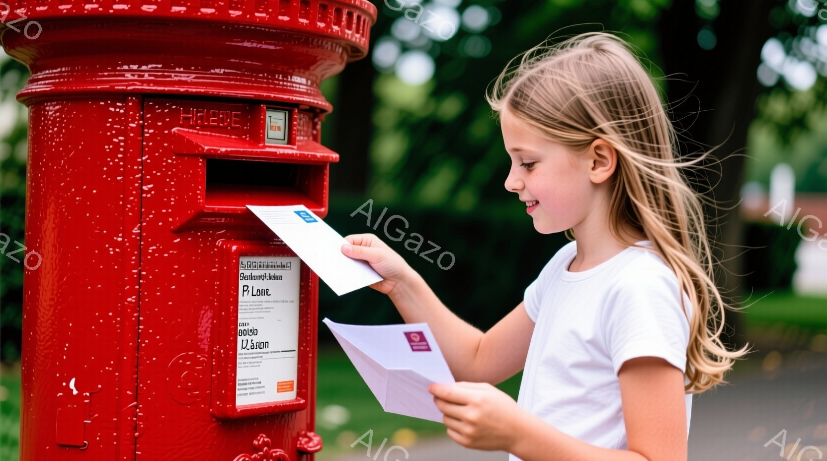 金髪の少女が赤いポストに手紙を投函しようとしています。彼女はピンクのTシャツを着ており、髪は後ろで三つ編みにされ、顔には笑顔が浮かんでいます。背景には緑豊かな木々があり、晴れた日の穏やかな雰囲気が伝わってきます。