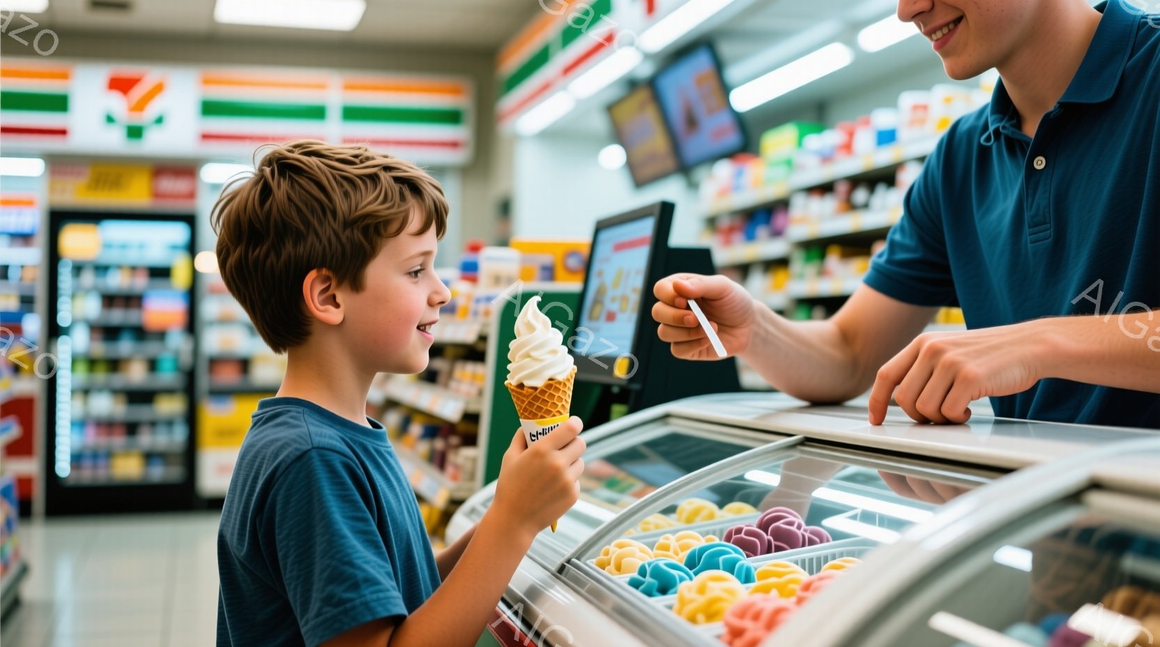 一人の少年がソフトクリームを手に持ち、嬉しそうに微笑んでいます。彼は青いTシャツを着ており、髪は短くカールしています。背景にはコンビニのカウンターがあり、様々な種類の冷たいデザートが並んでいます。