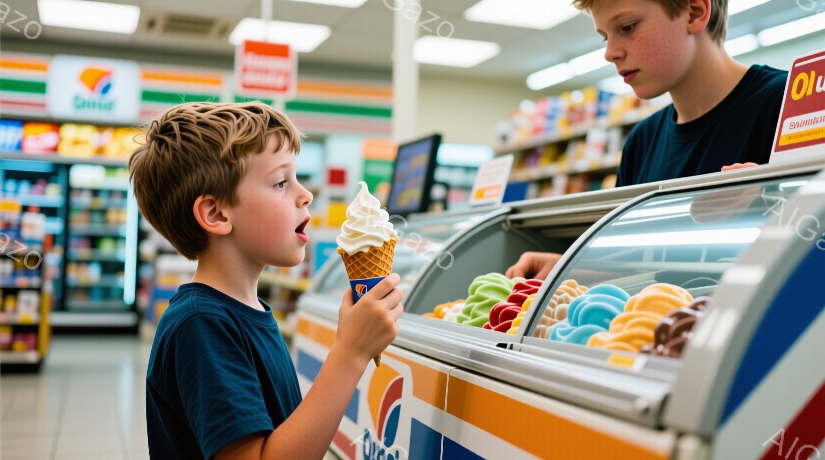 男の子がソフトクリームを手にし、驚いたような表情でそれを見つめている。彼は青いTシャツを着ており、明るいブロンドの髪は少し無造作に整えられている。背景には、カラフルなソフトクリームが並んだ冷凍ケースと、コンビニエンスストアの棚が見え、明るく清潔な雰囲気である。