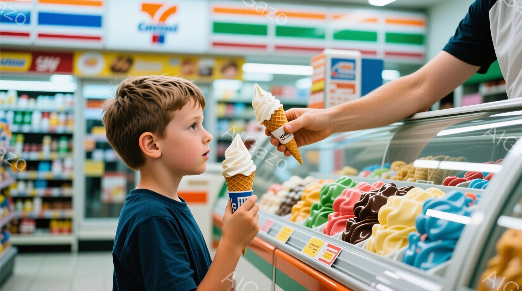 少年は青いTシャツを着て、ソフトクリームを手に持っています。彼は少し上を見上げ、ソフトクリームを受け取ろうとしているようです。背景には、様々な種類のソフトクリームが並んだショーケースと、明るい照明のコンビニエンスストアの棚が見えます。