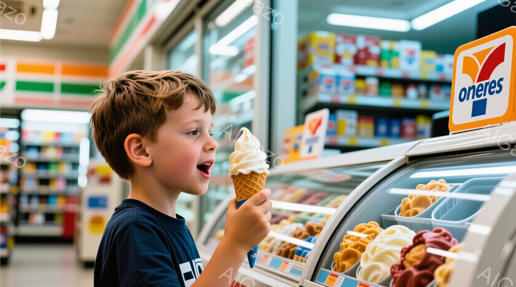 少年はソフトクリームを手に、嬉しそうに口を開けています。彼は青いTシャツを着ており、金髪の髪型で、背景にはお菓子の陳列ケースとコンビニエンスストアの棚が見えます。全体的に明るく、楽しい雰囲気が漂っています。