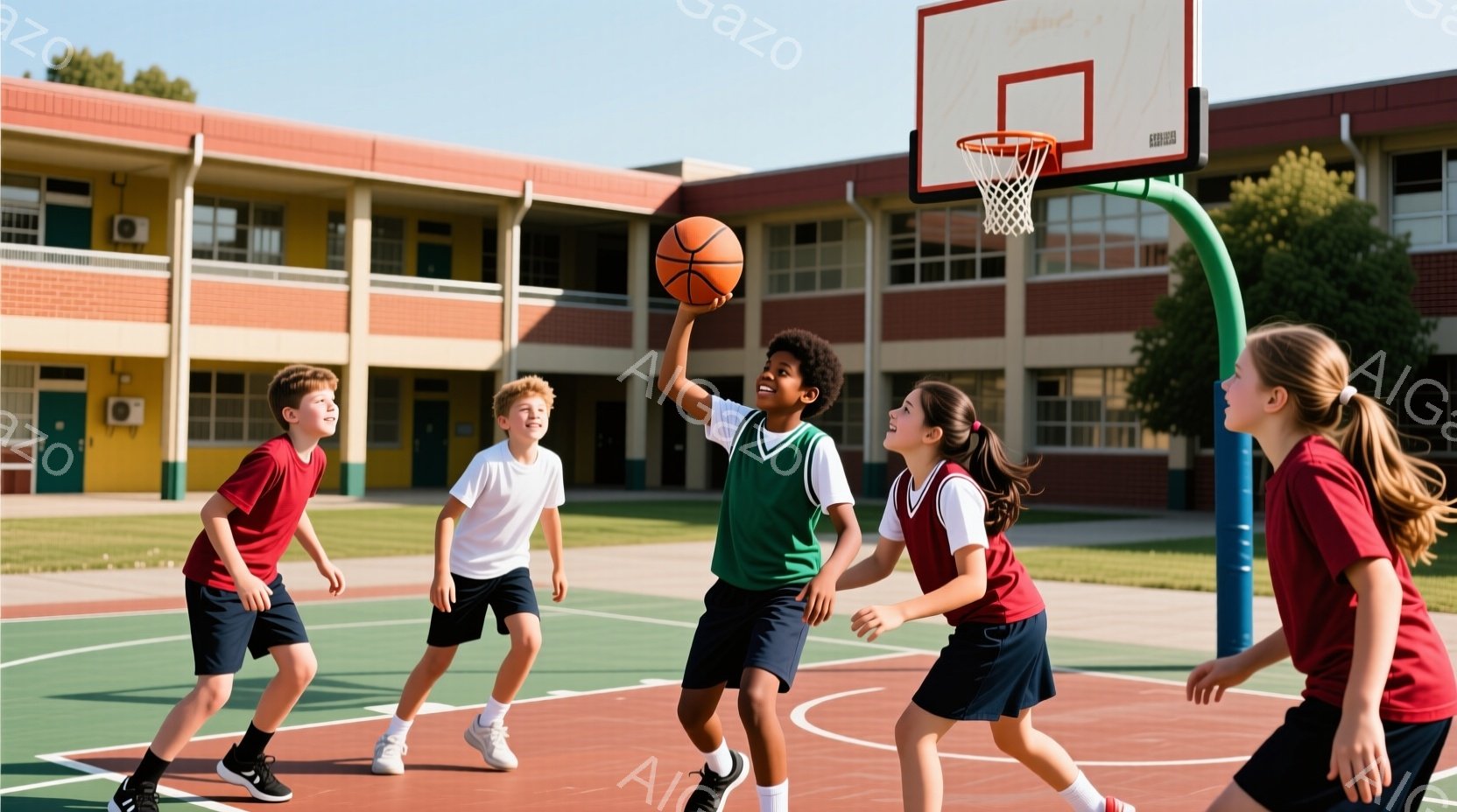 ５人の子どもたちが屋外のバスケットボールコートでバスケットボールをしています。緑色のシャツを着た少年がボールを持ってジャンプし、他の子どもたちは彼を見上げています。背景にはレンガ造りの建物と青空が見え - AI生成フリー素材