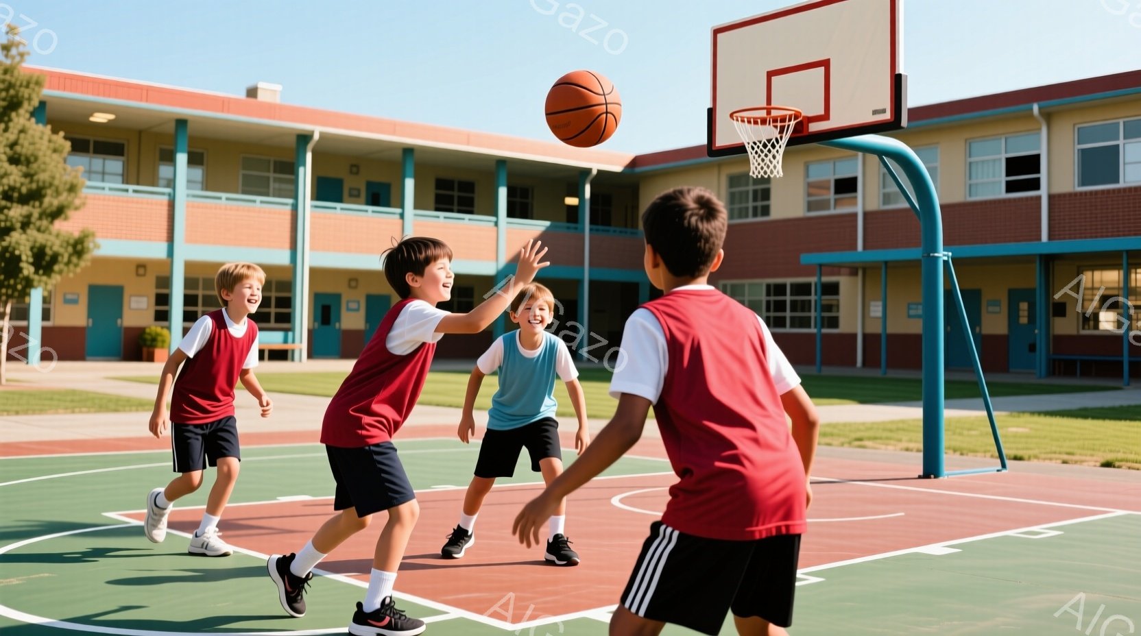 少年たちが屋外のバスケットボールコートでバスケットボールをしている様子が写っている。赤いシャツと紺色のショーツを着た少年たちが、ボールをパスしたり、シュートの準備をしたりしており、表情は活発で楽しそうだ。背景には青い空と学校の建物が見え、天候は晴れで、明るく元気な雰囲気が漂っている。