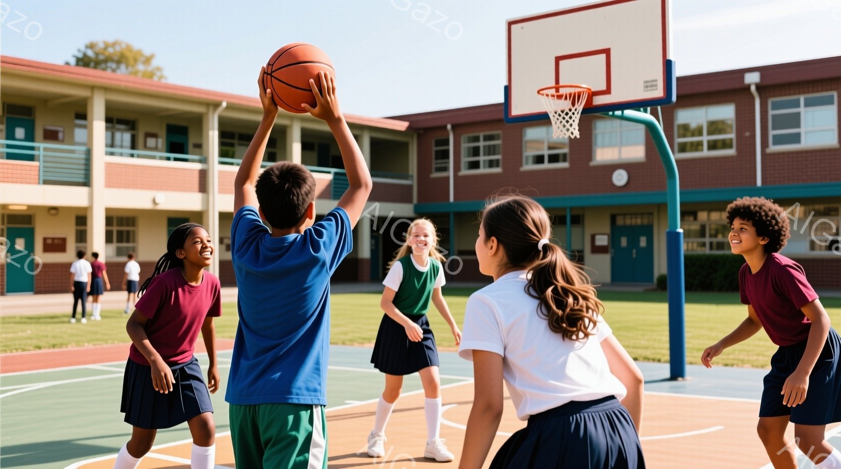 複数の子供たちが屋外のバスケットボールコートでバスケットボールをしている様子が写っています。青いシャツと緑のショートパンツを着た少年がシュートを打とうとしており、他の子供たちは興奮した表情で彼を見つめています。背景にはレンガ造りの学校の建物と青空が広がっており、明るく活気のある雰囲気です。