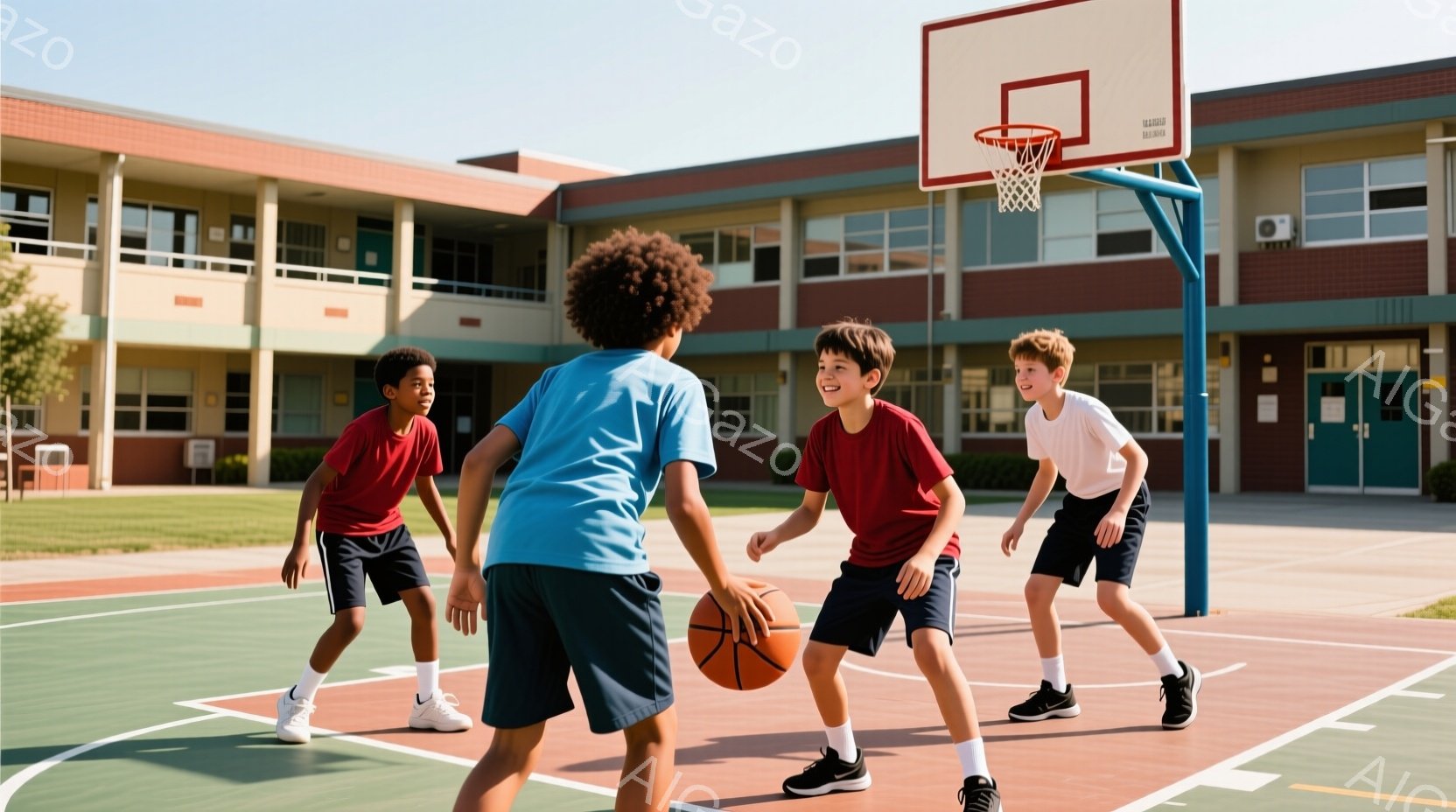 4人の少年が屋外のバスケットボールコートでバスケットボールをしている様子が写っています。少年たちはそれぞれ赤いシャツと紺色のショートパンツ、または青いシャツと紺色のショートパンツ、白いシャツと紺色のシ - AI生成フリー素材
