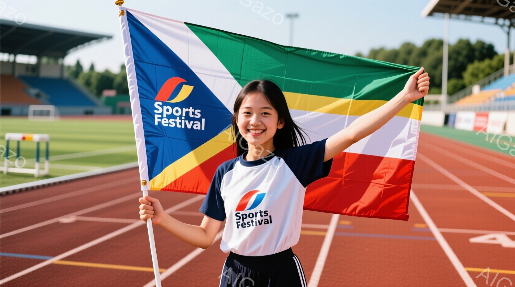 若い女性が競技場のトラックに立っており、黒い半袖シャツに、胸元に「Sports Festival」と書かれたロゴが入っています。彼女は両手を挙げて、赤、黄、緑のストライプの旗を振っており、明るい笑顔でカメラを見つめています。背景には、青い観客席と緑の芝生、そして晴れた空が広がっており、活気のある競技会の雰囲気が伝わってきます。